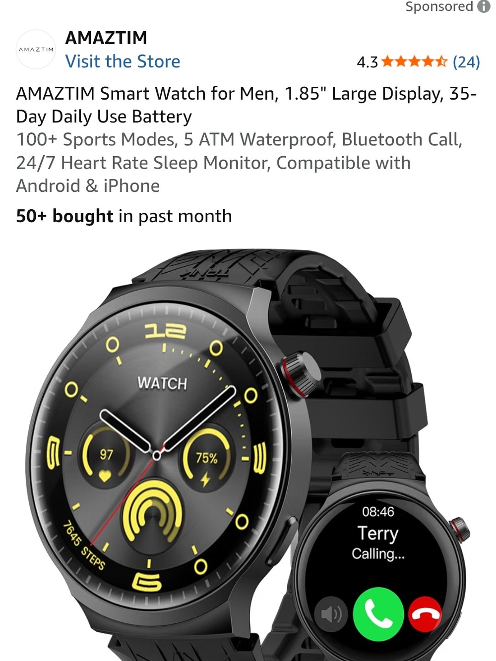 Black Smart Watch for Men - 1.85" Large Display